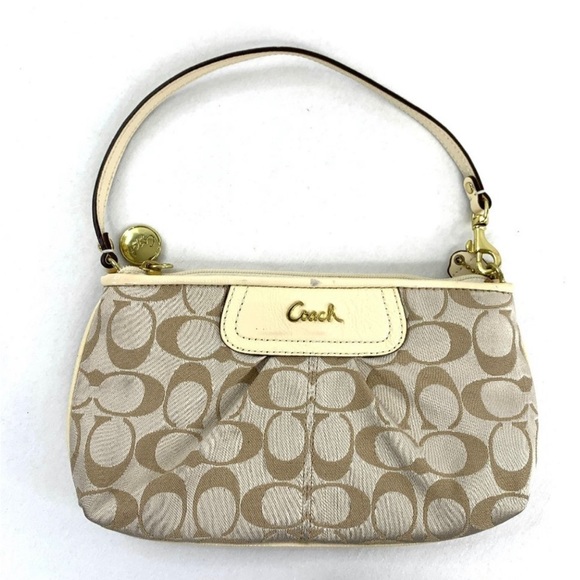 Handbags - Coach Cream Beige Signature Sateen Jacquard Large Wristlet Mini Shoulder Bag